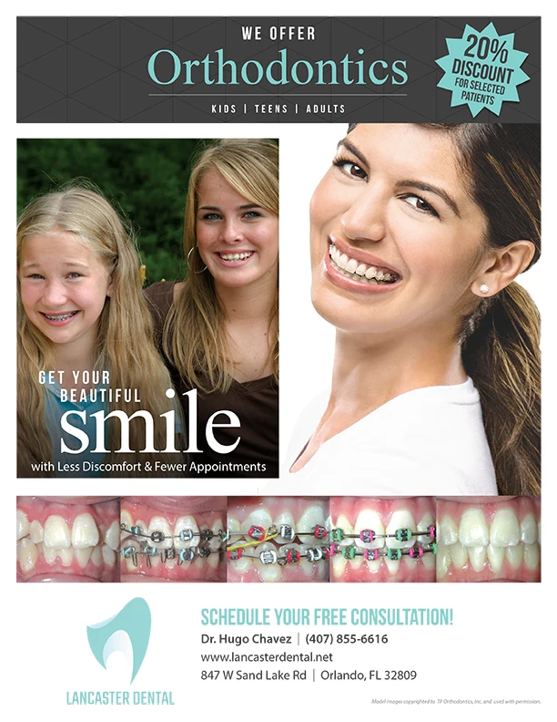 flyer depicting smiling people with braces advertising Lancaster Dental's orthodontic discount of 20% for select patients